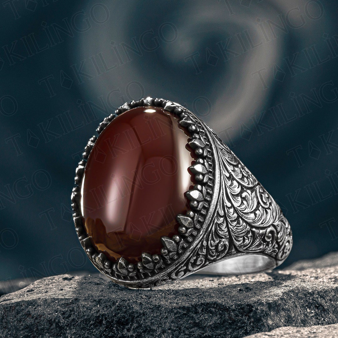 Red Agate Mens Ring, Stamped 925 Sterling Silver Aqeeq Ring, Plain Cool ...