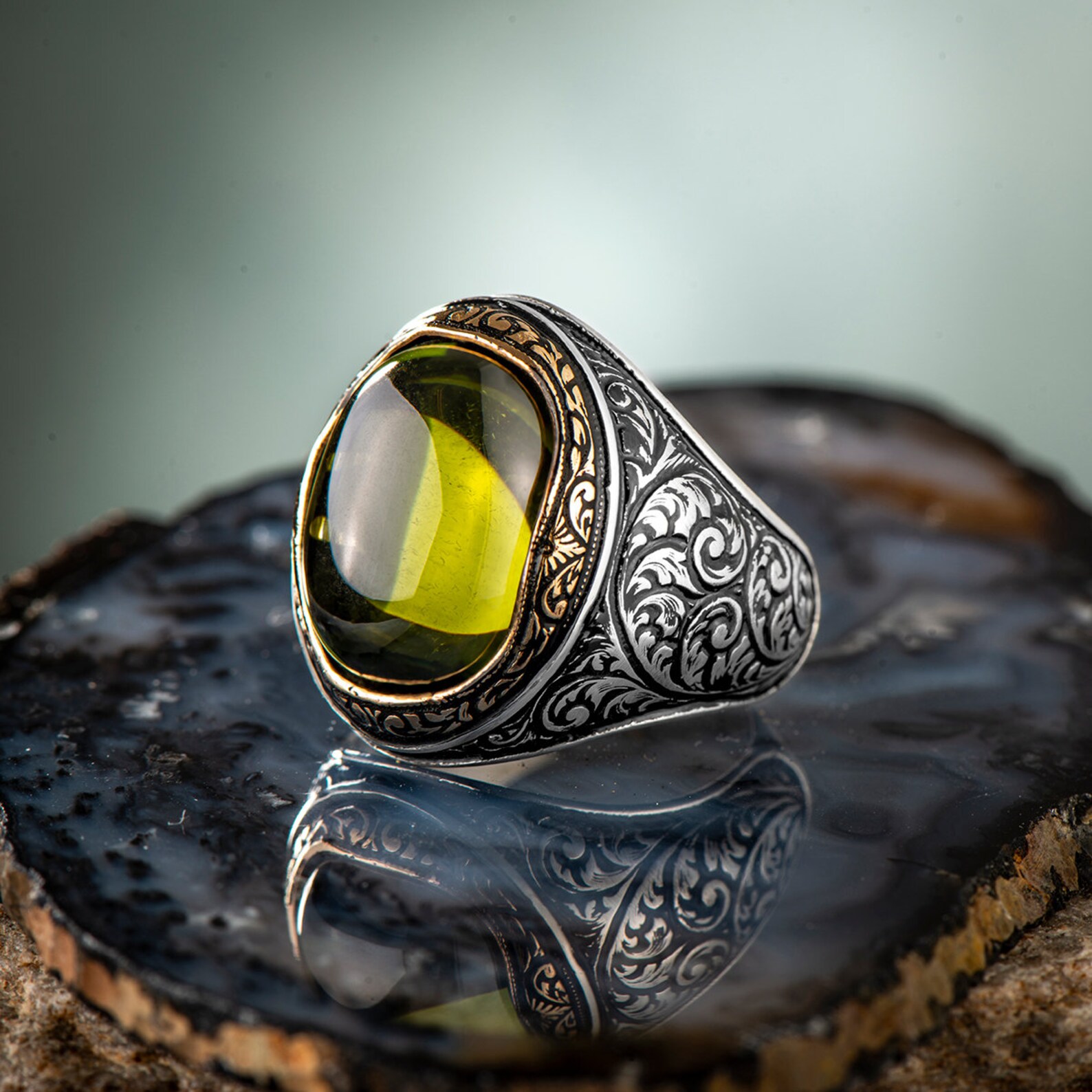 Mens Handmade Ring 925 Sterling Silver Green Olivine Stone Etsy