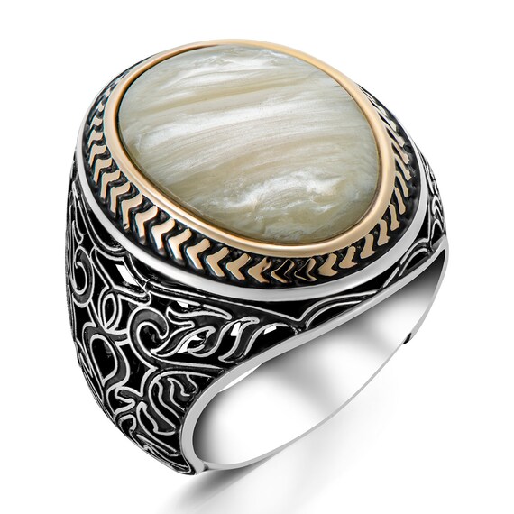 Mother of Pearl Gemstone Handmade Ring 925 Sterling Silver Men