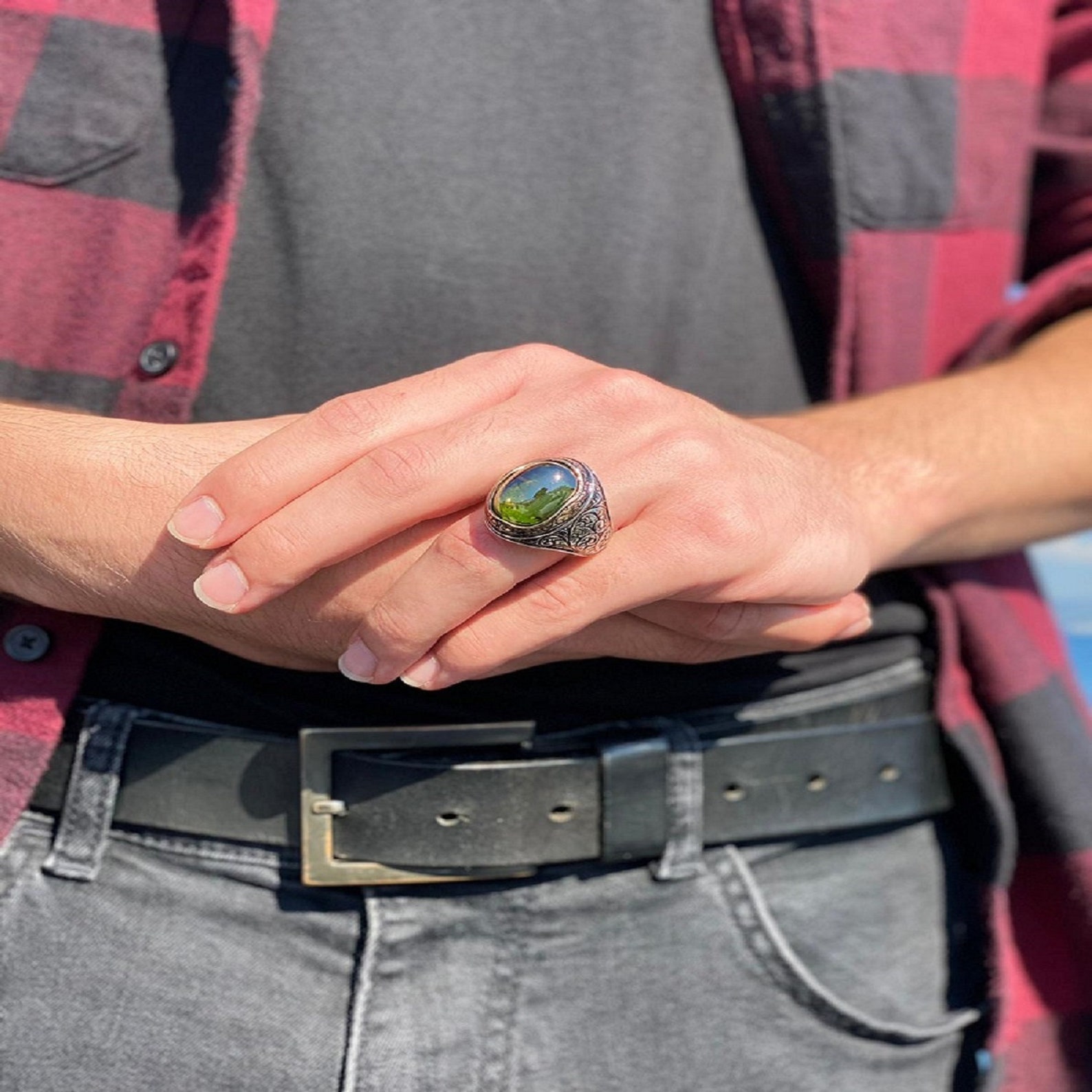 Mens Handmade Ring 925 Sterling Silver Green Olivine Stone Etsy
