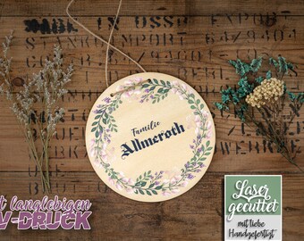 Holz Namensschild Türschild rundes Holzschild mit Frühlings Blumenkranz und personalisiertem Name individuelle Gestaltung Spring Wood Deko
