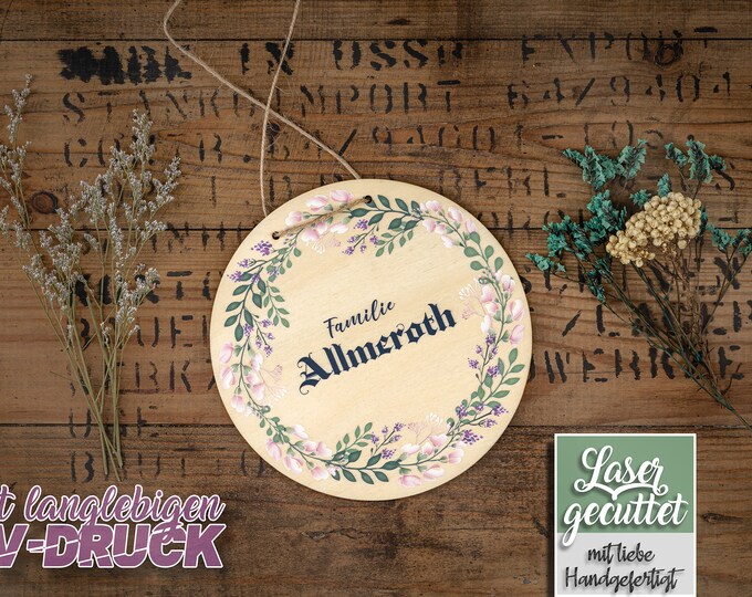 Wooden name tag door sign round wooden sign with spring flower wreath and personalized name individual design Spring Wood decoration