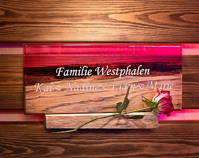 Name plate front door made of solid oak wood and epoxy resin with own engraving and color, door sign wood, personalized wooden sign