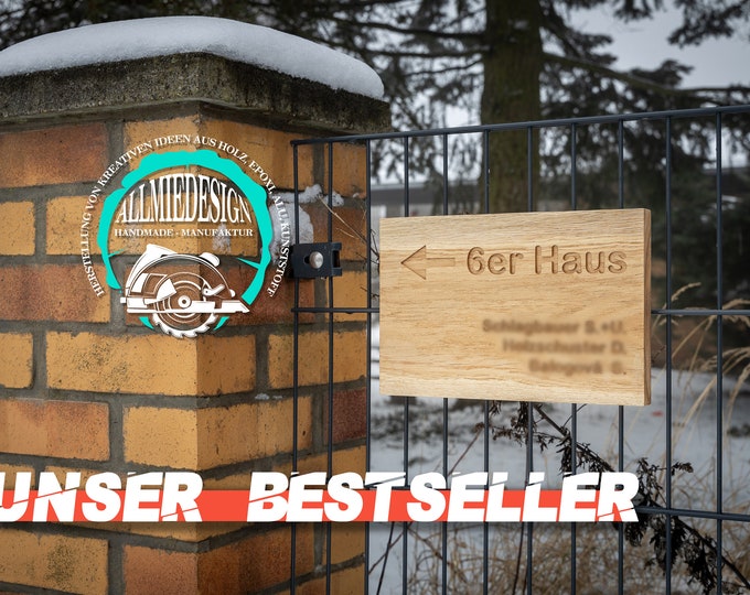 Chain link fence or double rod mats Nameplate front door made of oak wood with own engraving, door sign wood, personalized wooden sign