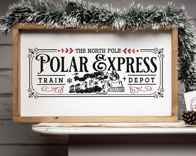 Farmhouse Christmas decoration sign "Polar Express" wooden mural to put or hang real wood with interchangeable inlay
