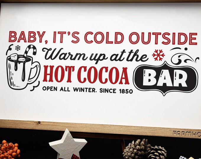 Farmhouse Christmas decoration sign "HOT COCOA Bar" wooden mural to put or hang real wood