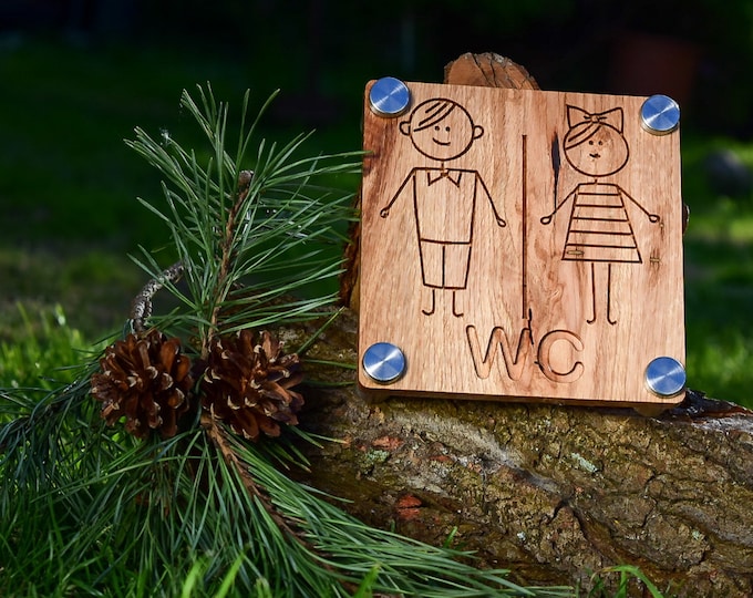 WC toilet sign wooden picture, picture, shield, decoration, bathroom, farmhouse, country house made of real oak with stainless steel wall holder