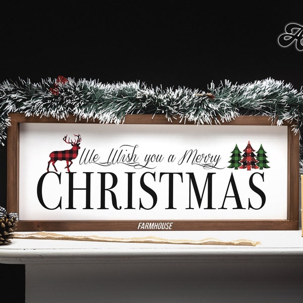 Farmhouse Weihnachtsdekoration Schild "We Wish you a Merry Christmas" Holzwandbild zum hinstellen oder aufhängen Echtholz
