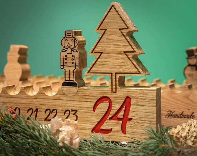 Advent calendar made of real solid oak with snowman - Advent season for family, adults, children, Christmas handmade Santa Claus