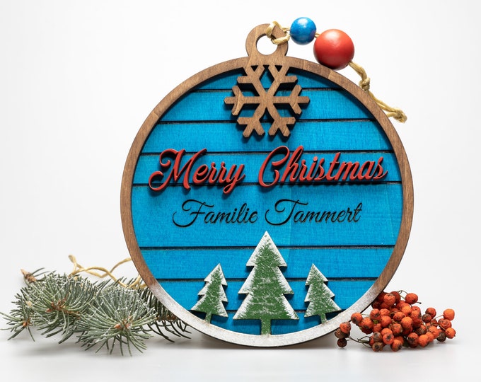 Door wreath Christmas with personalize lettering, door sign wood- Merry Christmas - wooden ring decoration 20 cm handmade Christmas ball
