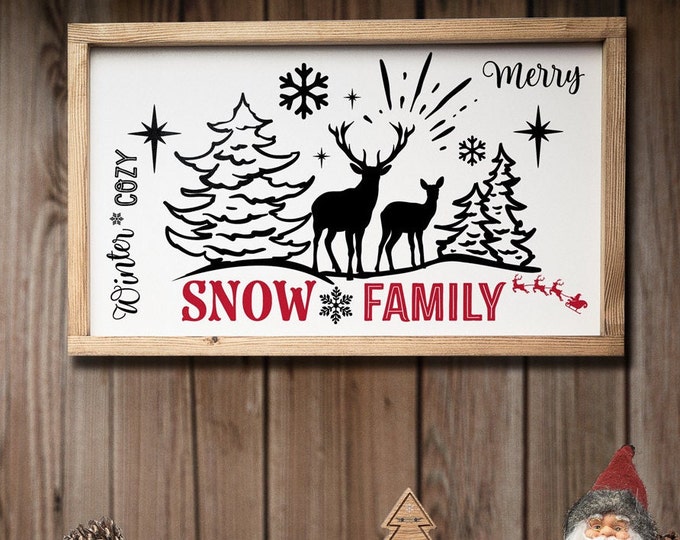 Farmhouse Christmas Decoration Sign "Merry Snow Family" Wooden mural to put or hang Real wood with interchangeable inlay