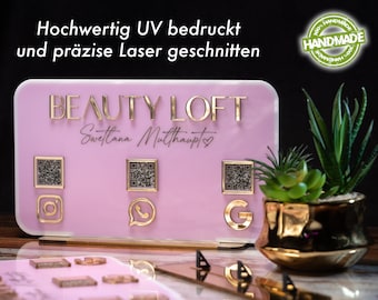 QR Display Schild und Sozial Media Aufsteller für Verkaufstresen Tresen Theke für Friseur Kosmetikerin Salon QR Code
