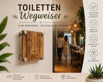 Könnte beinhalten: Ein quadratisches Toilettenschild aus Holz mit eingravierten Strichzeichnungen von zwei Figuren und den Buchstaben WC. Das Schild ist mit vier silberfarbenen Metallabstandshaltern befestigt. Der Text TOILETTEN Wegweiser und KLARE ORIENTIERUNG – FÜR JEDEN LEICHT ZU FINDEN ist sichtbar.