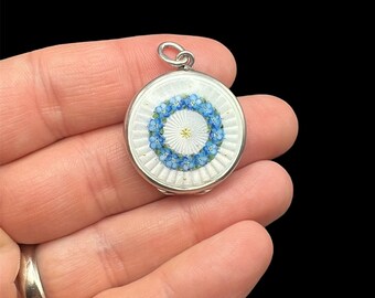 Antique Edwardian silver guilloche enamel locket pendant necklace