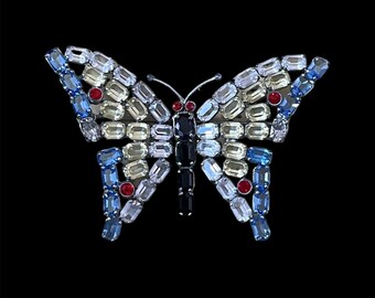 Fabulous antique 1930s czech chrome rhinestone paste butterfly brooch pin large size sparkling bug insect vintage open back set