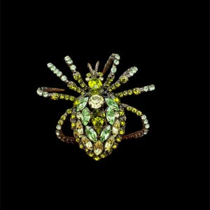 Puede incluir: Broche vintage con forma de insecto y diseño detallado. El broche presenta un cuerpo y patas de metal color bronce, adornados con pedrería de varios tonos verdes y amarillos. El cuerpo del insecto es una mezcla de verde claro y oscuro, mientras que las patas están acentuadas con piedras amarillas y transparentes.