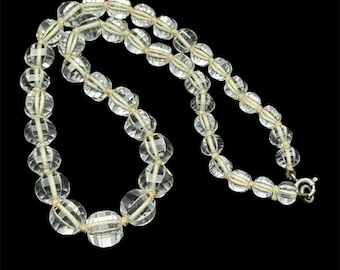 Art Deco Crystal Glass Bead Necklace: Sterling Silver Clasp, 1930s Jewelry