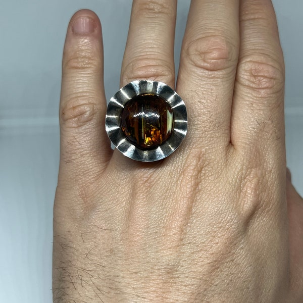 Vintage substantial  modernist sterling silver 925 Baltic amber cabochon ring adjustable size quality piece huge statement runway