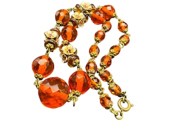 Vintage 1930s Czech Orangefarbene Glasperlen-Halskette mit strassbesetzten Blümchen