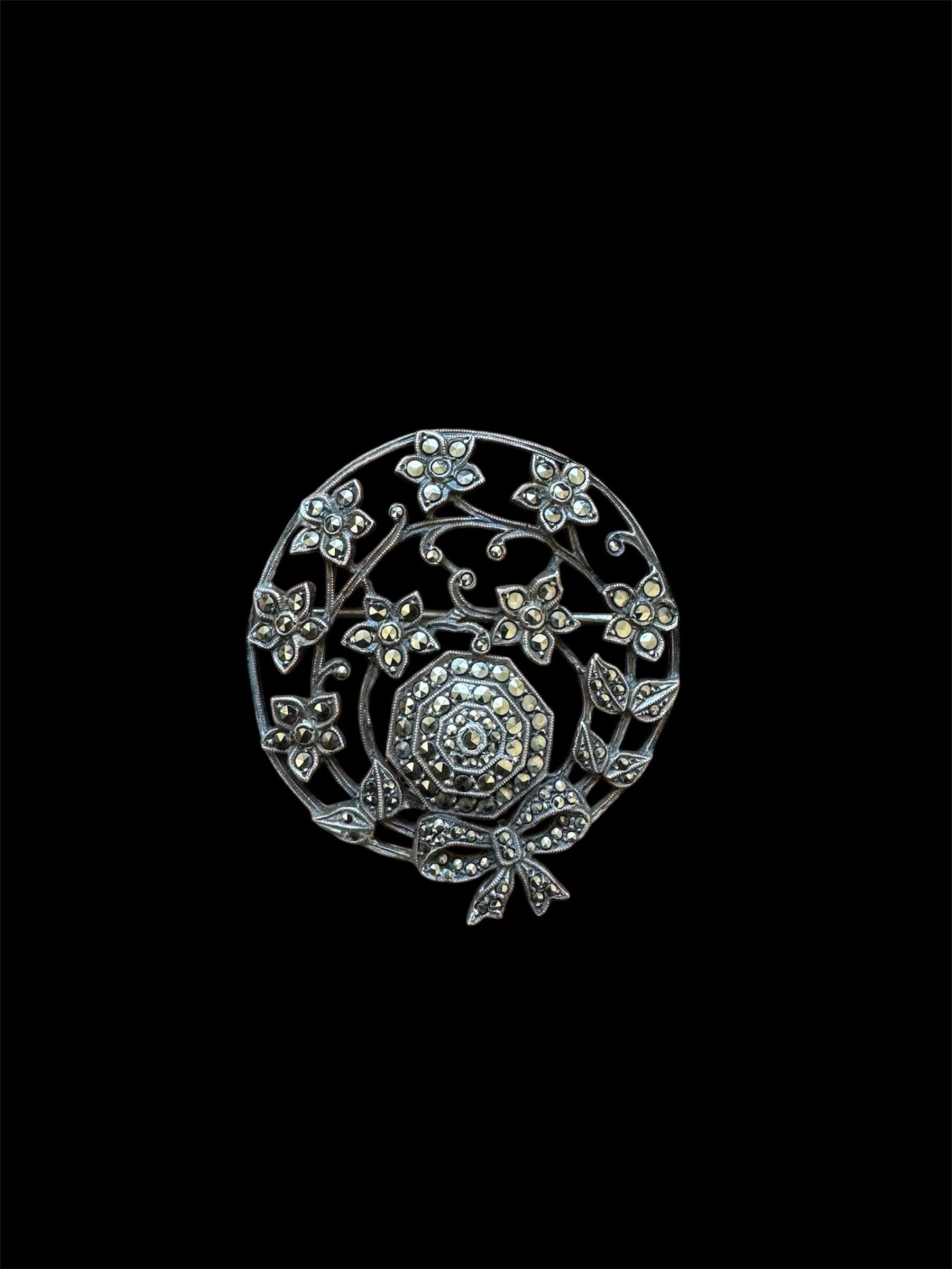 ヴィンテージ スターリングシルバー マーカサイト フローラル ブローチ