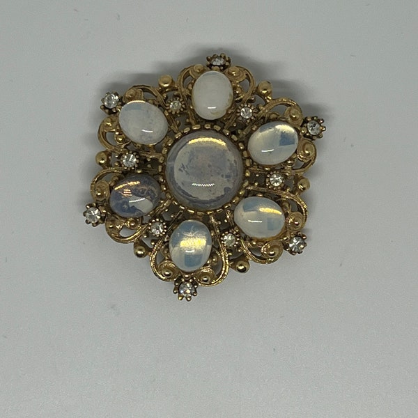 Unusual vintage rhinestone cabochon  brooch signed numbered 1950s unsigned designer beautiful opaline Opalite faux moonstone glass
