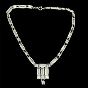 Art deco Czech Riviere necklace art deco design open back fancy link signed marked bezel set baguette unusual