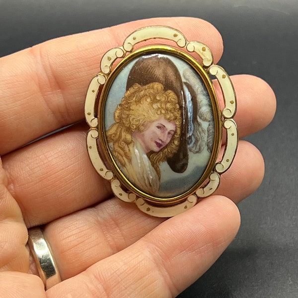 Vintage signed tlm Thomas l mott enamel gilt portrait brooch cameo pin