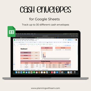 May include: A laptop displays a Google Sheets template for tracking cash envelopes. The screen shows a dashboard with financial data, including budget, spent, and available amounts. Text at the top reads "Cash Envelopes for Google Sheets."
