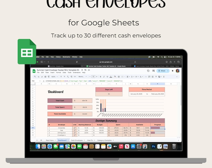 Cash Envelope Tracker Google Sheets, Budget Planner Template, Financial Tracker, Cash Budgeting System