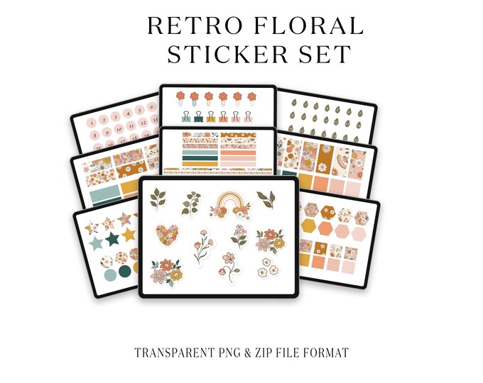 Retro Floral Digital Planner Stickers | Customizable and Fun | Instant Download for Planners and Journals | Goodnotes Sticker Set