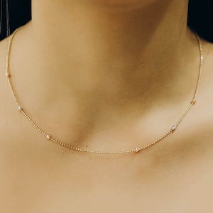 14K Gold Filled Beaded Satellite Necklace Choker, Layering Necklace, Dainty Bead Chain Choker Necklace, Station Chain 14K Gold Ball Necklace