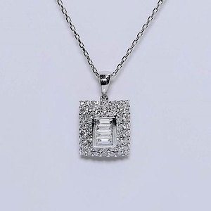 Diamond Necklace / 14K Gold Baguette and Round Diamond Illusion Setting Diamond Charm Pendant / Valentine Day Gift for Her