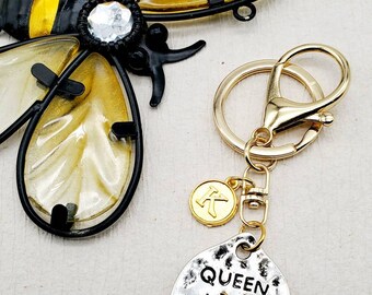 Queen Bee, Gold and Silver Tone Keychain/Purse Charm with custom initial