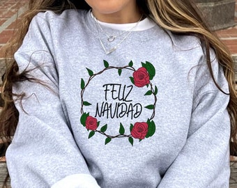 Feliz Navidad Roses クリスマス クルーネック ユニセックス スウェットシャツ、彼女へのクリスマスプレゼント、クリスマス Tシャツ、クリスマス セーター、スポーツ グレー