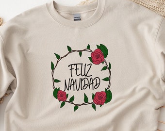 フェリス ナビダッド ローズ クリスマス クルーネック スウェットシャツ、クリスマス ライト、彼女へのクリスマス ギフト、クリスマス T シャツ、クリスマス セーター、サンド