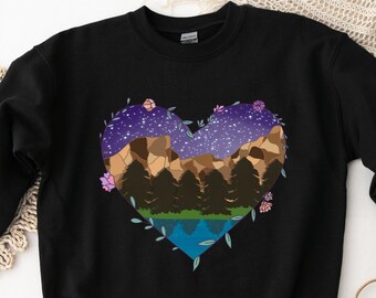 Corazón de Yosemite, Sudadera de aventura, Montañas, Suéter de camping, Amante de la naturaleza, Sudadera de excursionista, Regalo de camping, Regalo de San Valentín, Negro