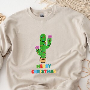 Christmas Cactus Crewneck Unisex Sweatshirt, Christmas Lights, Christmas Gift for Her Him, Christmas Winter Tshirt, Sand