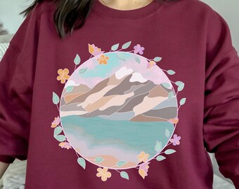 Suéter Mountains Flower Circle, sudadera de senderismo, regalo de camping, sudadera de aventura, suéter de camping, sudadera de naturaleza, regalo de San Valentín