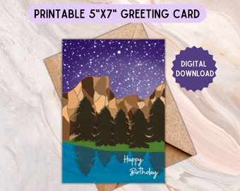 Printable Birthday Card, Star Adventure Birthday Card, Mountain Birthday Card, Travel Card, Card For Her, Nature Card, Star Night Forest