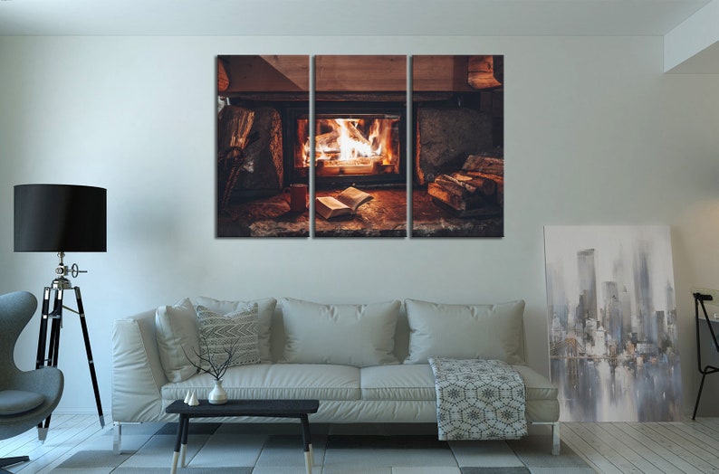 Fireplace wall art Cozy Canvas Print Books Wall Decor Warm Etsy