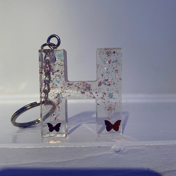 H Butterfly & Glitter Resin Keychain - as is