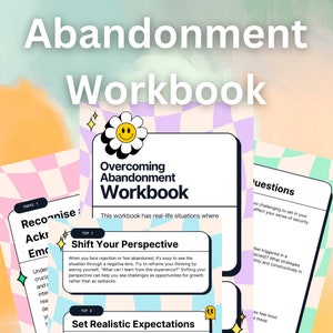 May include: A pink and purple checkered background with a smiling flower graphic. The text "Overcoming Abandonment Workbook" is in black text. The text "This workbook has real-life situations where" is in black text. The text "Shift Your Perspective" is in black text. The text "When you face rejection or feel abandoned, it's easy to see the situation through a negative lens. Try to reframe your thinking by asking yourself, "What can I learn from this experience?" Shifting your perspective can help you see challenges as opportunities for growth rather than as setbacks." is in black text. The text "Set Realistic Expectations" is in black text.