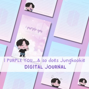 Puede incluir: Páginas de diario digital con un fondo degradado morado y azul. Las páginas presentan un personaje de dibujos animados con el texto "I purple you... & so does Jungkookie" y "Diario digital".