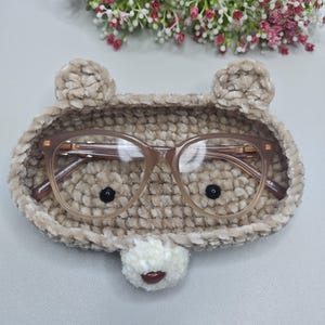 Crochet Teddy Bear Glasses Holder: Handmade Bedside Eyeglass Tray