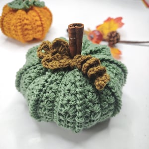 May include: A handmade green crochet pumpkin with a cinnamon stick stem and brown crocheted accents. An orange crochet pumpkin is in the background. Ideal for autumn decorations.