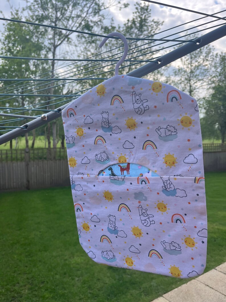 Peg bag with hanger | 100% cotton | Handmade in Uk | Washable | Laundry | Wash Days | Laundry | Spring cleaning Handmade in UK|Fully lined Rainbow Pooh bear