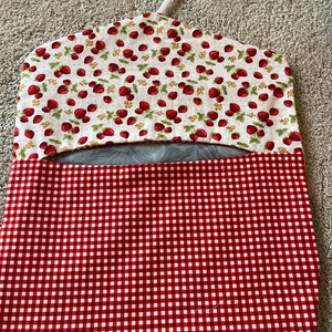Peg bag with hanger| 100% cotton | Handmade in Uk | Washable | Laundry | Wash Days | Laundry | Spring cleaning| Fully lined | Handmade in UK Strawberries/ check