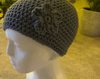 Ladies crochet beanie hat |With  flower l Grey Blue White Mustard| Handmade in UK |Fluffy |Christmas gift for teacher