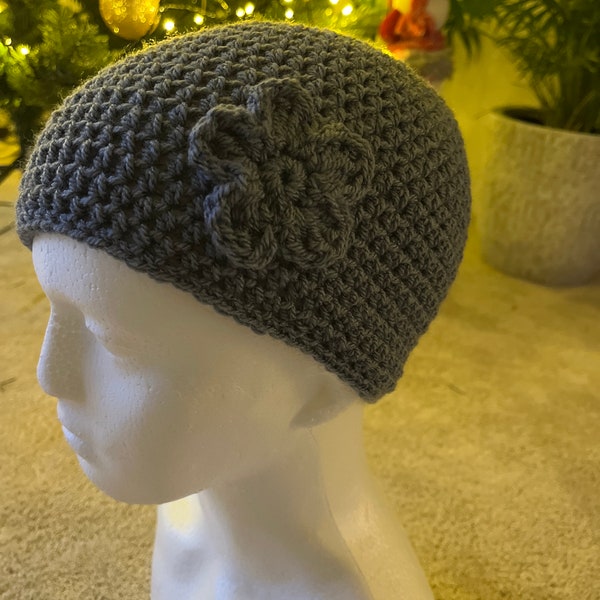 Ladies crochet beanie hat |With  flower l Grey Blue White Mustard| Handmade in UK |Fluffy |Christmas gift for teacher