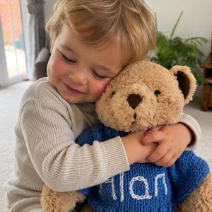 Pode incluir: Um urso de pelúcia castanho-claro com olhos e nariz castanho-escuro, vestindo uma camisola de malha azul com o nome Allan bordado a fio branco no peito. O urso tem pelo macio e texturizado e é mantido num abraço apertado.